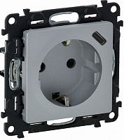 Розетка с заземлением +1xUSB тип A без рамки Legrand Valena Life 1-м. шторки алюминий картинка